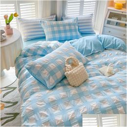 Bedding Sets Girls Kawaii Seersucker Bed Sheet Pillowcase Solid Colour Duvet Er Cute Home Decoration 230828 Drop Delivery Garden Text Dhezr