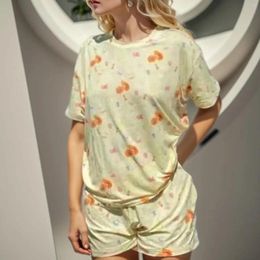 Women's Sleepwear Women Night Short Sleeved Printed Pyjama Set Paired With Irregular Split Shorts Casual Wear