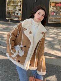 Women's Fur 2023 Autumn Winter Elegant Double Breasted Lamb Coats Lady Warm Motorcycle Faux Korean Fashion Overcoats