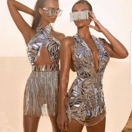 Bright Silver Mirrors Crystals Chains Dress Costume Women Evening Celebrate Dresses Birthday Collections 220812296f