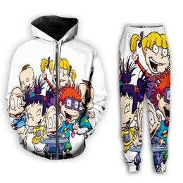 2021 New fashion Men Women Cartoon Rugrats zipper hoodie and pants two-piece fun 3D overall printed Tracksuits PJ022454