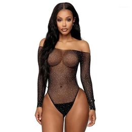 Sexy Women Long Sleeve Fishnet Rhinestone Bodysuit Leotard Tops Swimsuit Hollow Out Off Shoulder See Through Playsuit Jumpsuit1284S