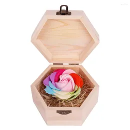 Decorative Flowers Hexagon Wooden Box Soap Flower Simulation Colorful Rose Small Artificial For Home Decoration Party