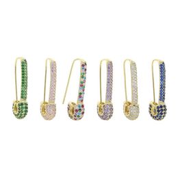 Whole Rainbow Colorful Wedding Earring Paved White Pink Green Blue Cz Unique Paperclip Safety Pin Stud Earings Women Fashion J224s