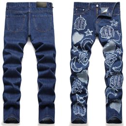 Brand New Mens Patchwork Jeans Patch Distressed Denim Pants Skinny fit Slim stretch Men's Ripped Moto Jean Washed Knee Hole Embroidery size 29-38