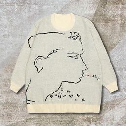 Men's Sweaters 2023 Fall Portrait Art Print Retro Ethnic Style Sweater For Men Knitted Round Neck Fashion Pullover