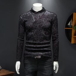 2023 autumn and winter trend jacquard men's tops gold velvet printed long-sleeved T-shirts fashion slim thickening warm cotto243F