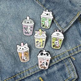 Cute Animal Modelling Pearl Milk Tea Pins Cat Panda Rabbit Bear Unicorn Paint Badge Unisex Children Alloy Bottle Hat Bags Collar Br248R