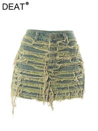 Skirts DEAT Women's Denim Skirt Do Old Solid Colour Burrs Tassel Slim High Waist Short A line Mini 2023 Autumn Fashion 29L2618 231018