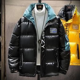 Men's Down Parkas Bright Leather Men Winter Jacket Casual Parka Outwear Waterproof Thicken Warm Stand Collar Coat 231017