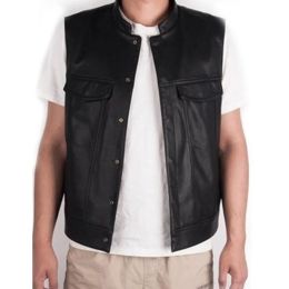 Men's Vest Black PU Leather Stand-up Collar Casual Slim Fit Biker Motorcycle Waistcoat for Man Clothing Plus