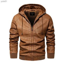 Men's Leather Faux Leather 2023 fall/winter new hot selling men's hooded leather jacket vintage motorcycle set handsome cool boutique leather jacketL231018