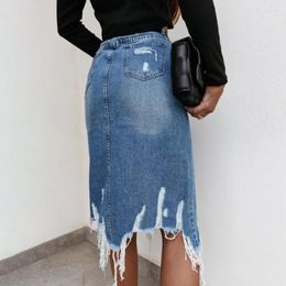 Skirts High Waist Hip Wrapped Denim Skirt Pockets Front Split Irregular Hem Office Zipper Flying Ripped Holes Midi Dress