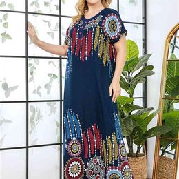 Vintage Ethnic Print Maxi Dress for Women Summer Rayon Cotton V Neck Short Sleeve Plus Size Casual Arabic Clothes 210517279i