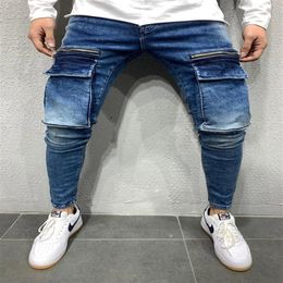 Men Stretchy Multi-pocket Skinny Jeans men pocket zipper pencil Pants fashion jeans Casual Trousers Hip hop sweatpants 220314251j