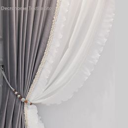 Curtain French Luxury Curtains for Living Room Romantic Dining Bedroom Windows Gray Velvet High Shading Stitching Lace Solid Color 231018