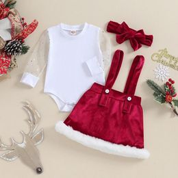 Clothing Sets Infant Christmas Outfits 3Pcs Baby Girls Sheer Patchwork Long Sleeve Romper Tops Velvet Suspender Skirt Bow Headband Set