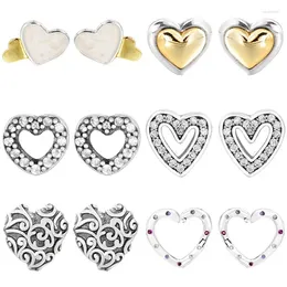 Stud Earrings Original 925 Sterling Silver Sparkling Domed Golden Shine Luminous Freehand Heart Earring For Women DIY Jewellery