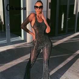 Women's Jumpsuits & Rompers CNYISHE 2021 Sexy Club Mesh Glitter Women Bodycon Fashion Hollow Out Skinny Backless Female312y
