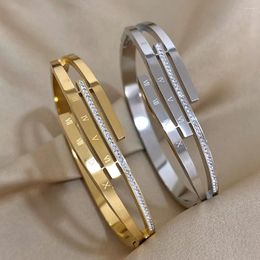 Bangle DODOHAO Charm Intersect Rhinestone Zircon Roman Numerals Stainless Steel Bangles Bracelets For Women Unique Design Jewellery