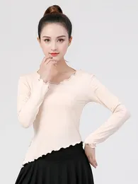 Stage Wear Solid Colour Latin Dance Pole Belly Costume Women Long Sleeves Party Tops Practise Ruffle Dancewear Standard Dances T-shirt