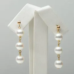 Dangle Earrings Classic White Cultured Akoya Pearl Triple Drop 18k Yellow Gold 7-7.5mm