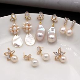 Dangle Earrings 1pair CZ Paved Natural Freshwater Drops Pearl Baroque Stud Post 15-25mm INS Princess Style