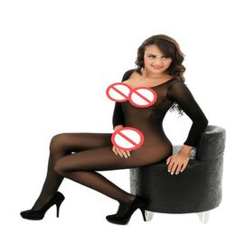 Black Sexy Sheer and Opaque Crotchless Three Quarter Sleeve Bodysuit Body Stocking Pantyhose Erotic Bodystocking Lingerie2597