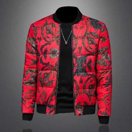 Men's Down & Parkas Handsome Plus Size Casual Jacket Flower Graffiti Ladies Winter Coat Trend Short Shiny Stand Collar Lightweight Topn2p8