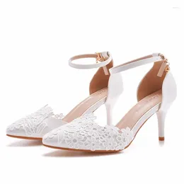 Dress Shoes Women Summer Fashion Party Flower Buckle Strap PU 7CM Thin Heels Novelty Sandals White