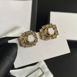 Simple 18K Gold Plated 925 Silver Luxury Brand Designers Letters Stud Classical Geometric Women Crystal Rhinestone Copper Earring Wedding Party Jewerlry 6Style