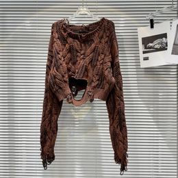 Women's Sweaters Brown Hole Cable Knit Sweater Worn-out Rough Pattern Knitting Y2K Tops Pullovers