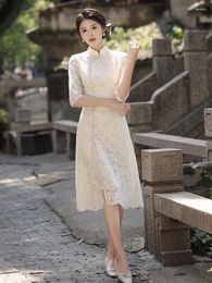 Ethnic Clothing Autumn Vintage Elegant Mandarin Collar Seven Points Sleeve Qipao Women Split AoDai Lace Cheongsam Chinese Dress