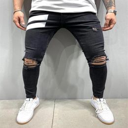 Men Skinny Denim Biker Side Striped Jeans Ripped Pencil Pants Destroyed Hole Hip Hop Slim Fit Man Scratched Jean Hombre Pantalon255P