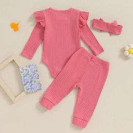 Clothing Sets Infant Baby Girl Outfit Solid Ribbed Knit Ruffles Long Sleeve Romper Top Legging Pants Set 2Pcs Fall Winter Clothes