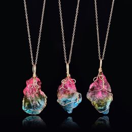 Pendant Necklaces Irregular Natural Crystal Stone Wire Wrap Necklace For Women Rainbow Quartz Reiki Healing271q
