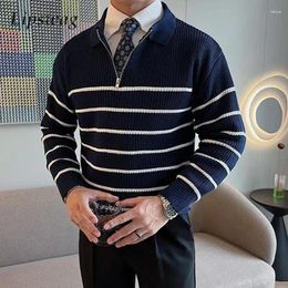 Men's Sweaters Fashion Striped Jacquard Knit Polo Shirt Mens Sweater Casual Long Sleeve Slim Fit Knitwear Autumn Vintage Zipper Lapel