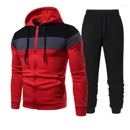 Men's Tracksuits Autumn Winter Sweatshirt Sweatpants Set Zipper Hoodie And Drawstring Pants Fitness Sportswear Casual Patchwork Suits