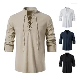 Men's Casual Shirts LZOASIS Men Long-Sleeved V-neck T-shirt Cotton And Linen Led Male Breathable Viking Front Lace Up