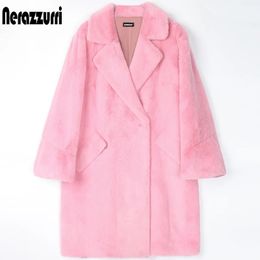 Womens Fur Faux Nerazzurri Winter Pink Warm faux fur coat women flare sleeve lapel Pockets Casual Soft Fluffy jacket Korean Style Fashion 231017