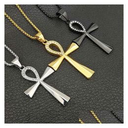 Pendant Necklaces Mens Iced Out Hip Hop Necklaces Egyptian Ankh Crucifix Pendant Necklace Stainless Steel Symbol Of Life Cross Jewelry Dhkne