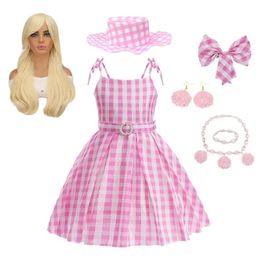 Girl's Dresses 2023 Movie Barbi Costume for Girls Cosplay Pink Plaid Dress Children Halloween Carnival Kids Party Wear 3 10 Years 231018