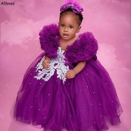 Purple Romantic Lace Flower Girl Dress Ruffles Short Sleeves Elegant Little Girl's Party Pageant Gowns Kids Infant First Communion Formal Prom Birthday Dress CL2783