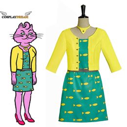 Princess Carolyn Cosplay Costume Carolyn Cos Yellow Coat Green Dress with Choker Full Suit Women Halloween Outfit Custom Made