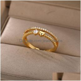 Wedding Rings Wedding Rings Zircon Heart Open For Women Gold Sier Colour Stainless Steel Adjustable Female Engagement Ring Jewellery Jewe Dhxuc