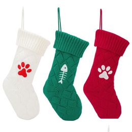 Christmas Decorations 17 Inch Pet Dog Cat Paw Knitted Stocking Fireplace Hanging Xmas Stockings Farmhouse Decor For Tree Ornament Pa Dh9Eb