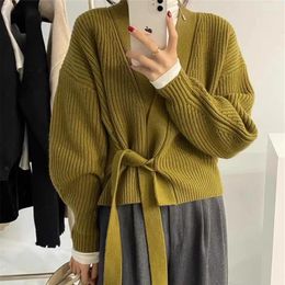 Women's Sweaters 2023 Autumn And Winter Vintage Lace-up Design Niche Knitted Cardigan Lazy Style V-neck Sweater Jacket