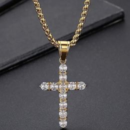 Chains Luxury Gold Plated Stainless Steel & CZ Cross Pendant Necklace For Men Women With 60CM Box Chain Men's Party Choker Je319G