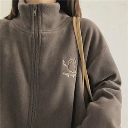 Women's Jackets Y2k Women Embroidery Zip Up Hoodie Fleece Jacket Thick Warm Winter Plush Zipper Sweatshirt Outwear Hoodies Tops Clothes 231018