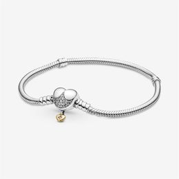 100% 925 Sterling Silver Moments Heart Clasp Snake Chain Bracelet Fit Authentic European Dangle Charm Fashion Women Wedding Engage2618